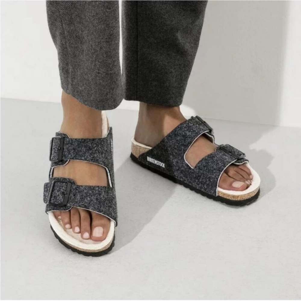 Birkenstock Arizona Rivet Wool Felt Shearling Charcoal Sandals Men’s 42